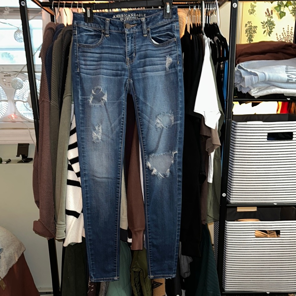 American Eagle Blue Skinny Jeans with Distressed Details